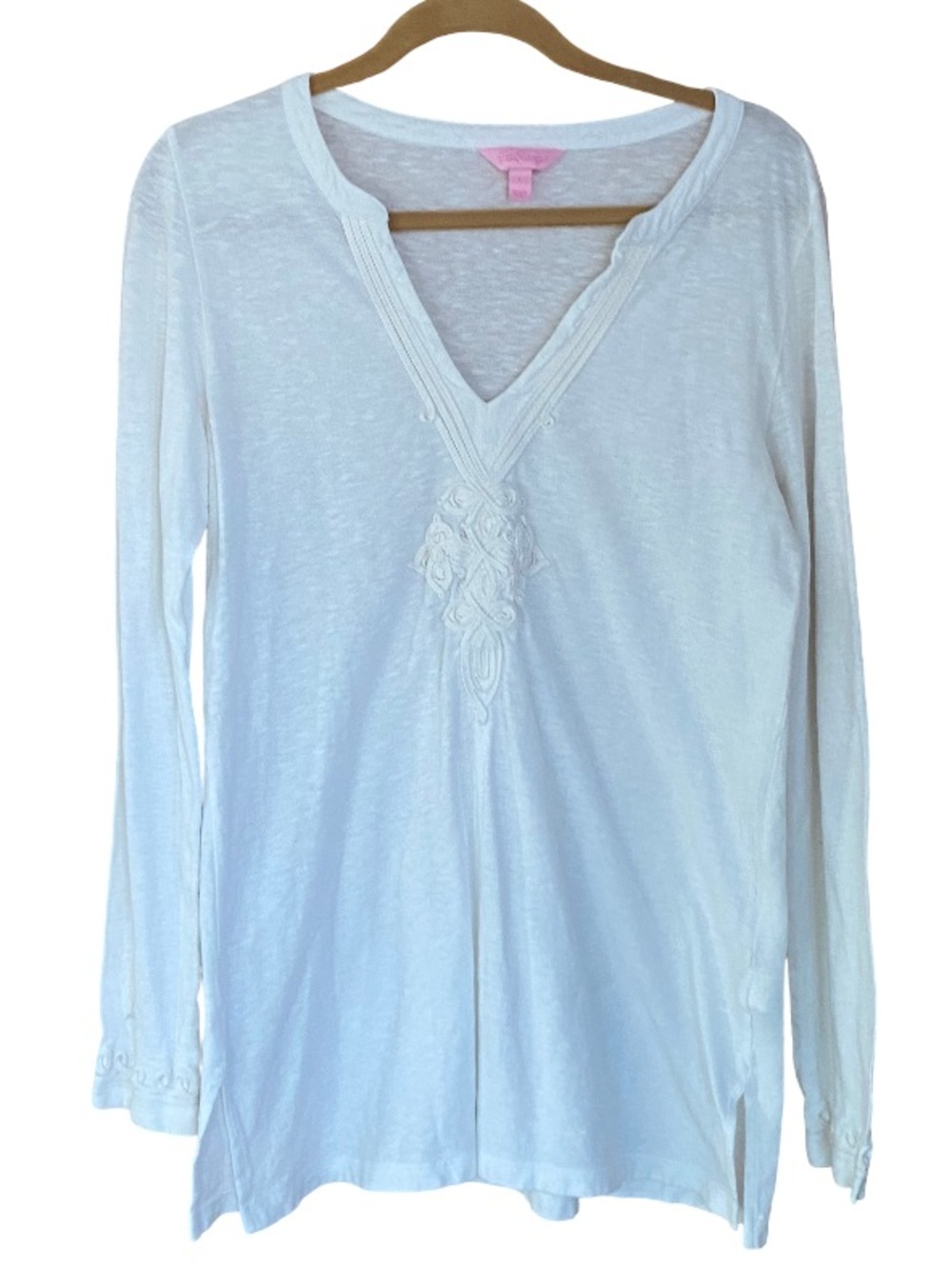 Lilly Pulitzer White Long Sleeve V-Neck Embroidered Tunic